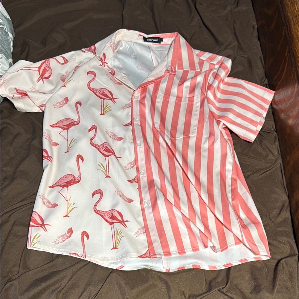 VatPave Pink and White Button-Up Flamingo Dual Pattern Large Shirt
